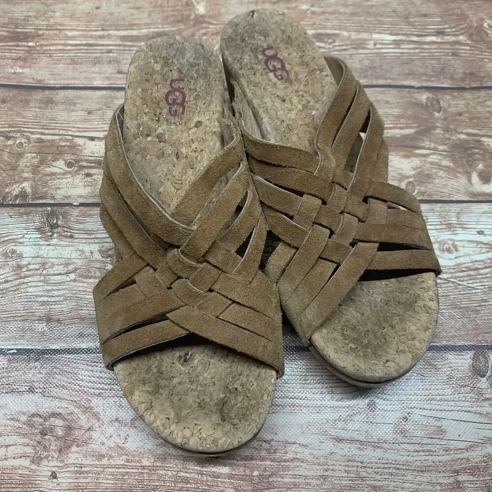 UGG‎ AUSTRALIA Women’s 7 Lilah Chestnut Brown Suede Wedge Slide Sandals 1019976